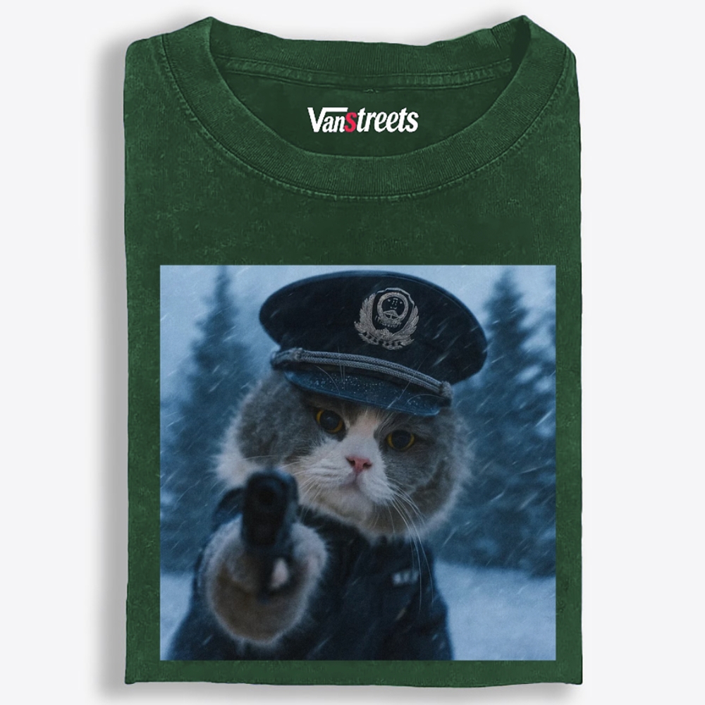 Police Gun Cat Retro Washed T-Shirt | 100% Cotton | Streetwear Essential