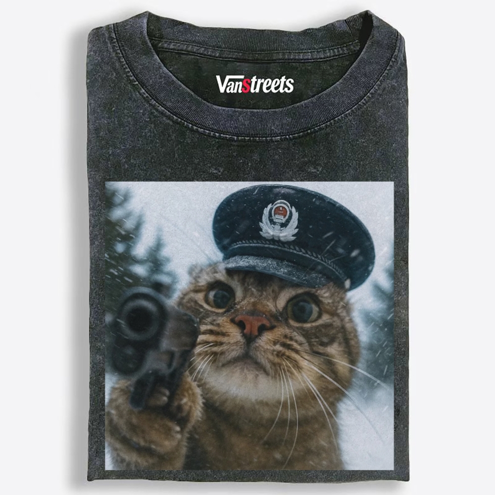 Police Hat Gun Cat Retro Washed T-Shirt | 100% Cotton | Streetwear Essential