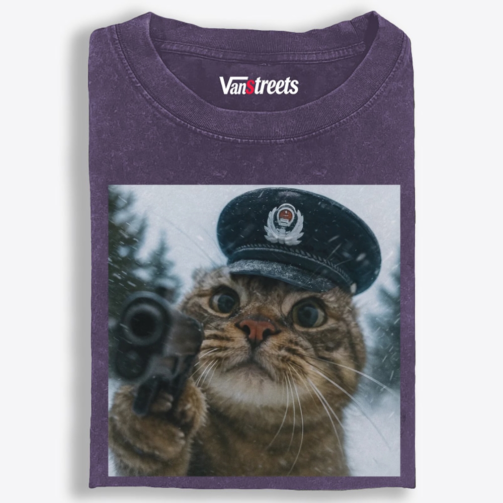 Police Hat Gun Cat Retro Washed T-Shirt | 100% Cotton | Streetwear Essential