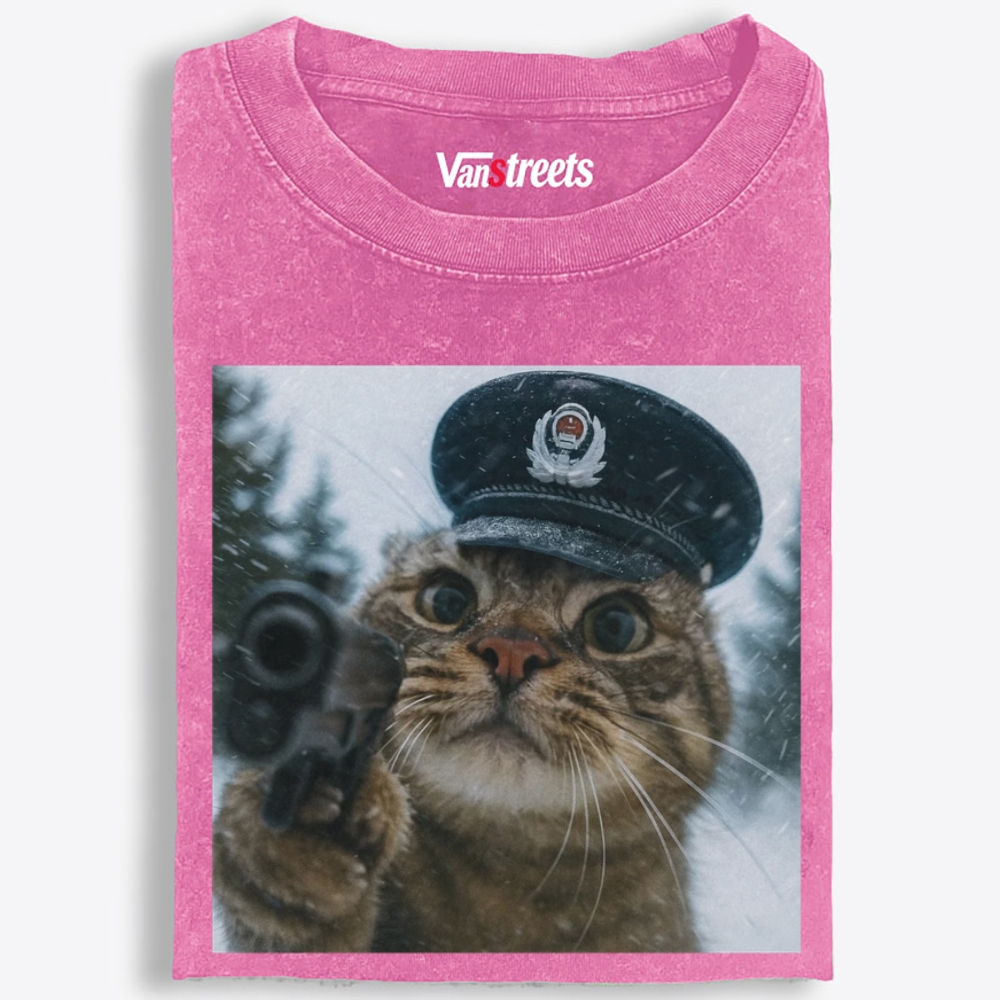 Police Hat Gun Cat Retro Washed T-Shirt | 100% Cotton | Streetwear Essential