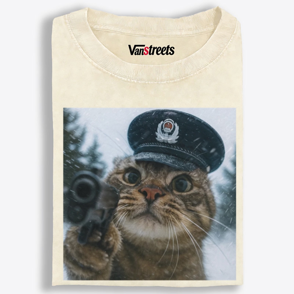 Police Hat Gun Cat Retro Washed T-Shirt | 100% Cotton | Streetwear Essential