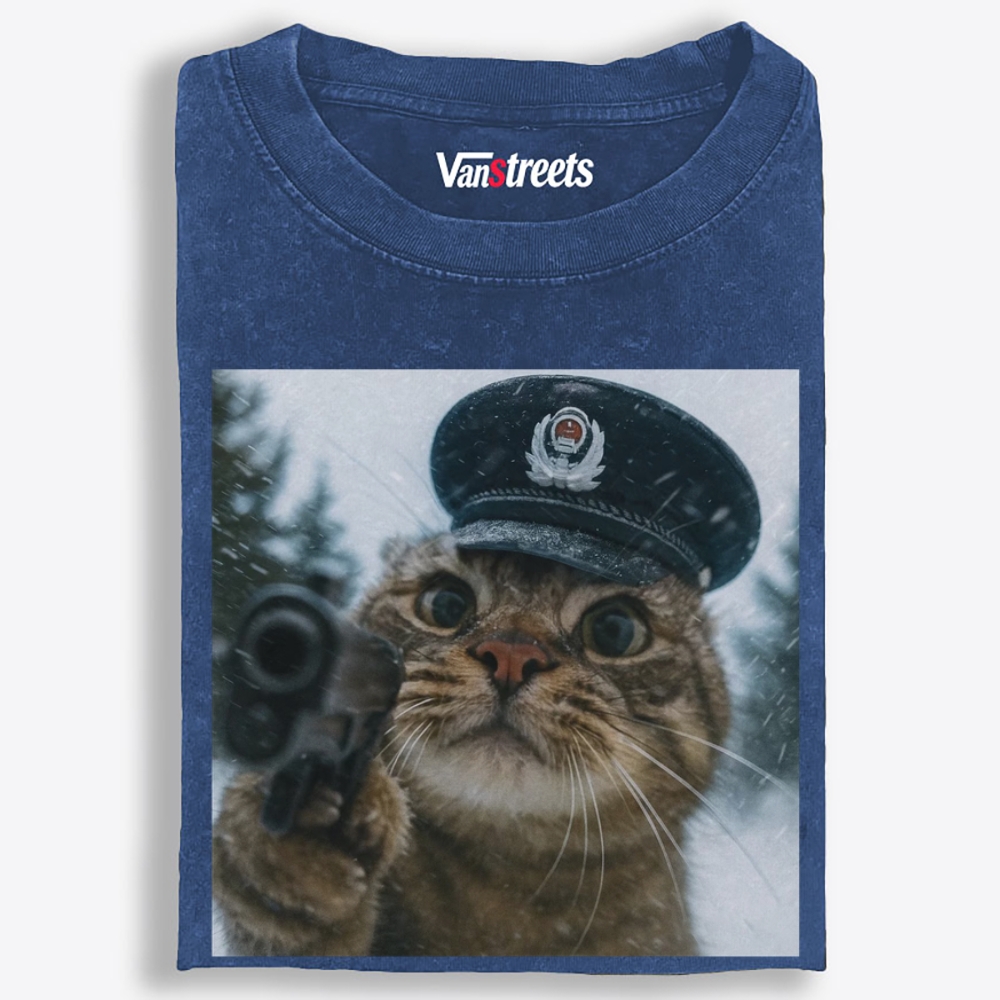 Police Hat Gun Cat Retro Washed T-Shirt | 100% Cotton | Streetwear Essential