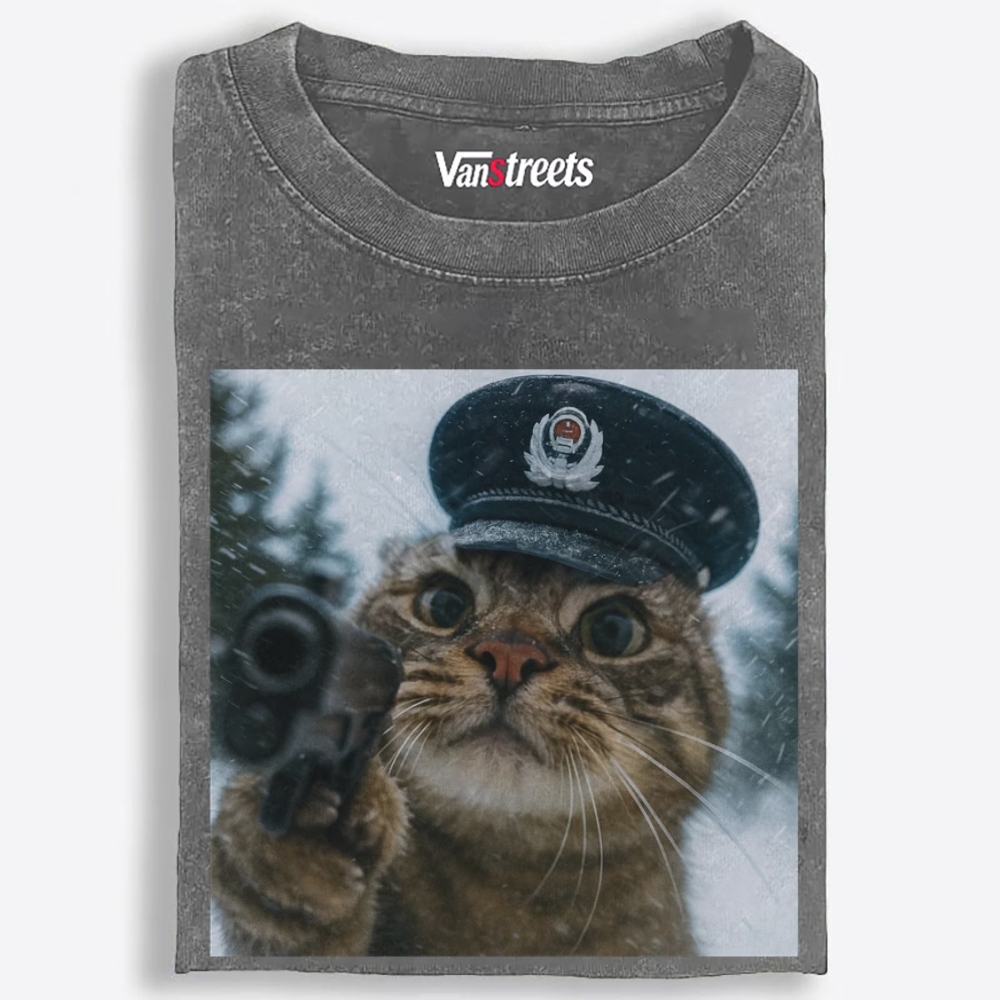 Police Hat Gun Cat Retro Washed T-Shirt | 100% Cotton | Streetwear Essential