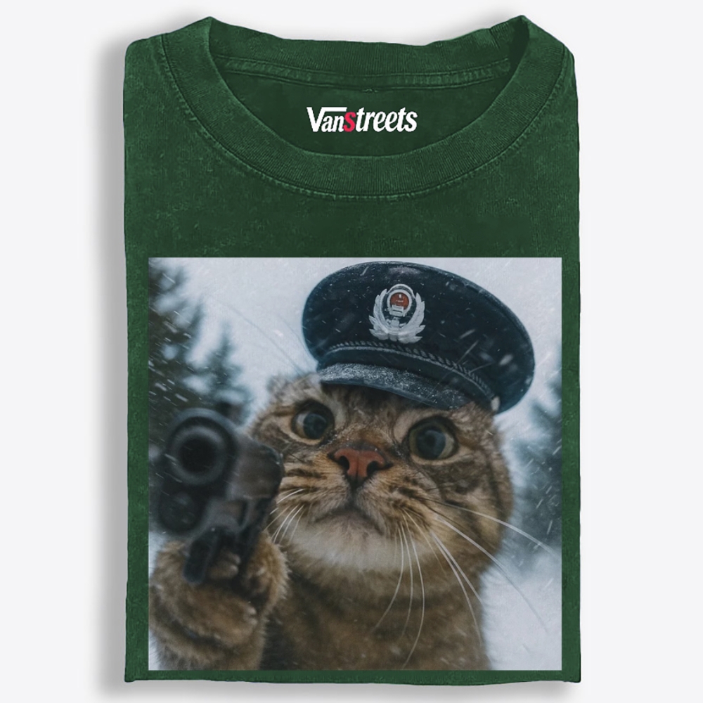 Police Hat Gun Cat Retro Washed T-Shirt | 100% Cotton | Streetwear Essential