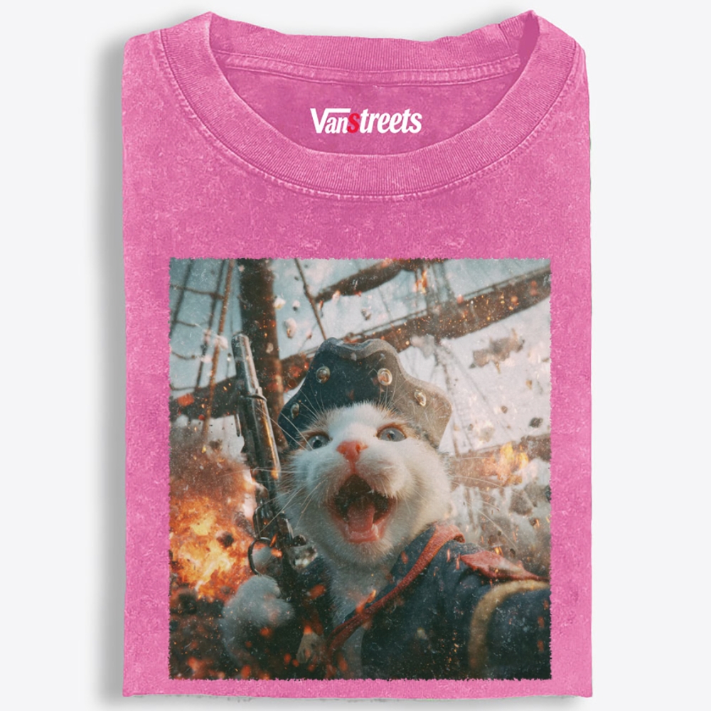 Pirate Gun Cat Retro Washed T-Shirt | 100% Cotton | Streetwear Essential