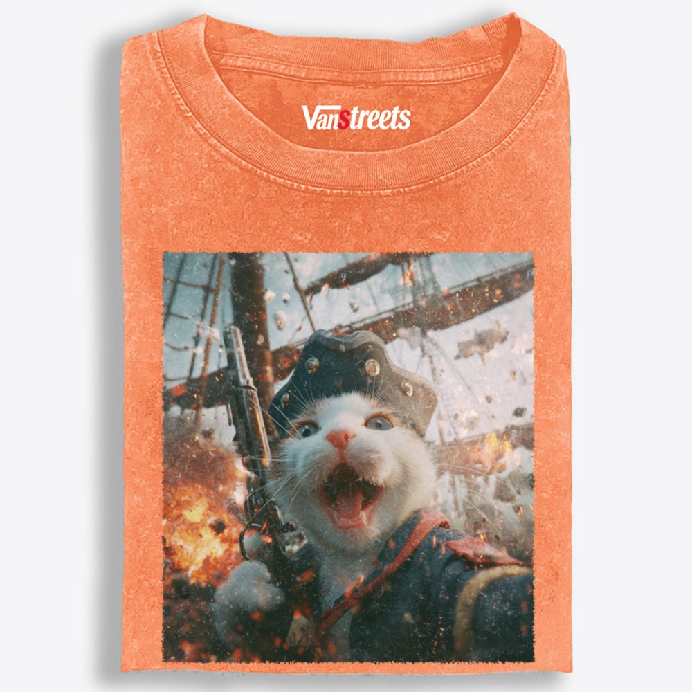 Pirate Gun Cat Retro Washed T-Shirt | 100% Cotton | Streetwear Essential