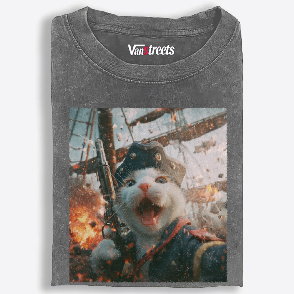 Pirate Gun Cat Retro Washed T-Shirt | 100% Cotton | Streetwear Essential
