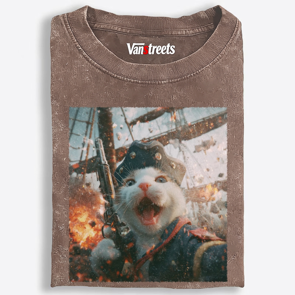 Pirate Gun Cat Retro Washed T-Shirt | 100% Cotton | Streetwear Essential