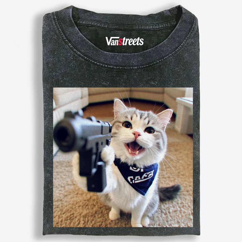 Gang Gun Cat Retro Washed T-Shirt | 100% Cotton | Streetwear Essential
