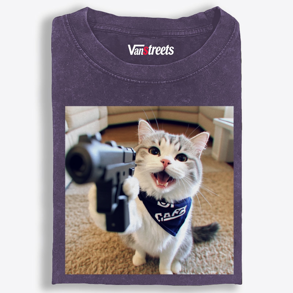Gang Gun Cat Retro Washed T-Shirt | 100% Cotton | Streetwear Essential