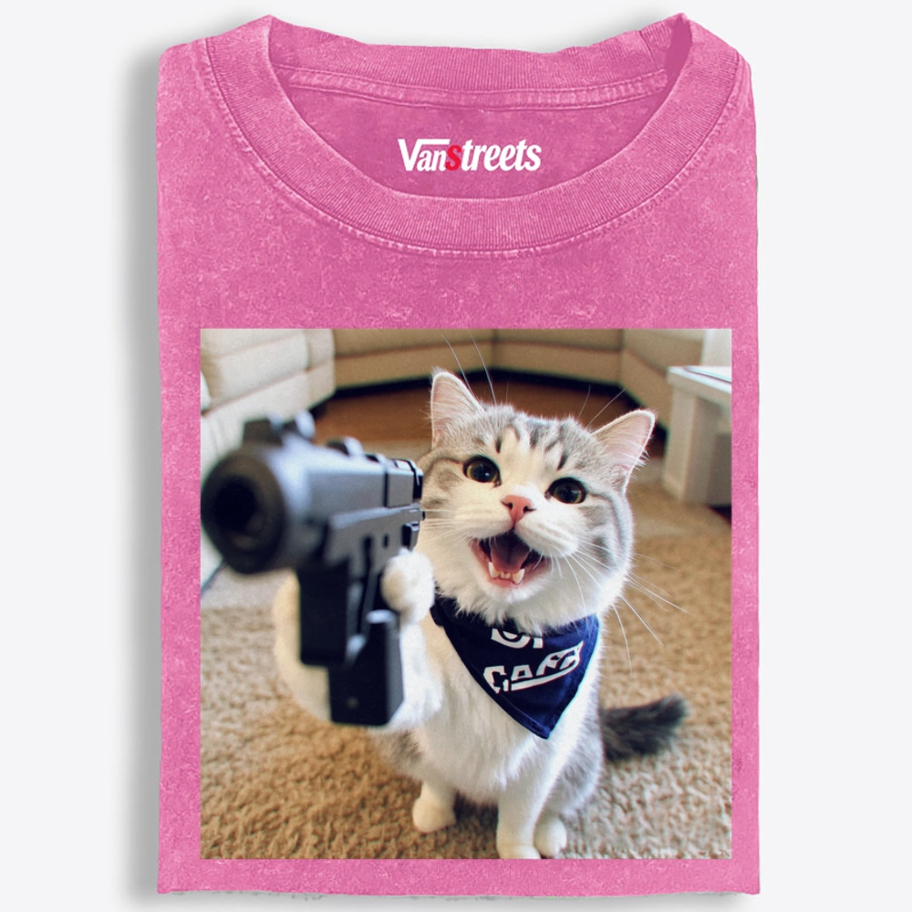 Gang Gun Cat Retro Washed T-Shirt | 100% Cotton | Streetwear Essential