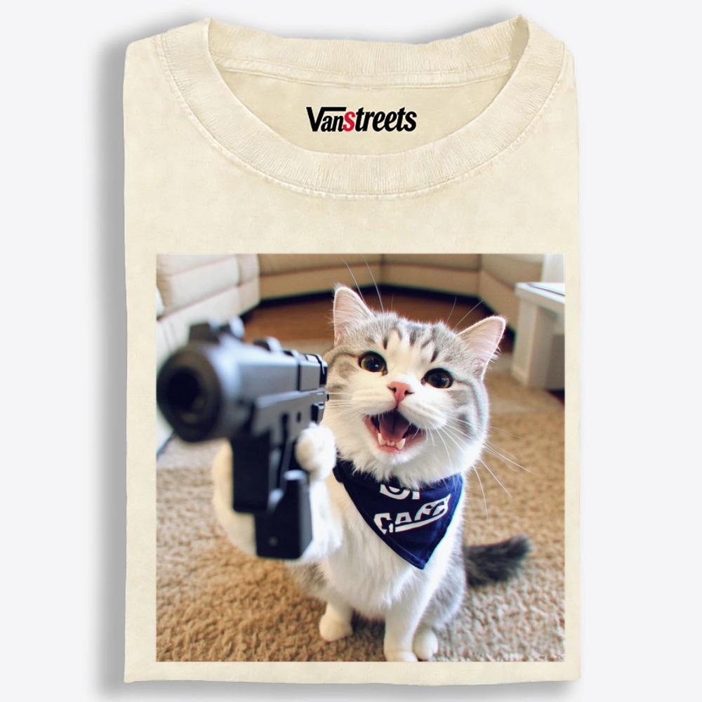Gang Gun Cat Retro Washed T-Shirt | 100% Cotton | Streetwear Essential