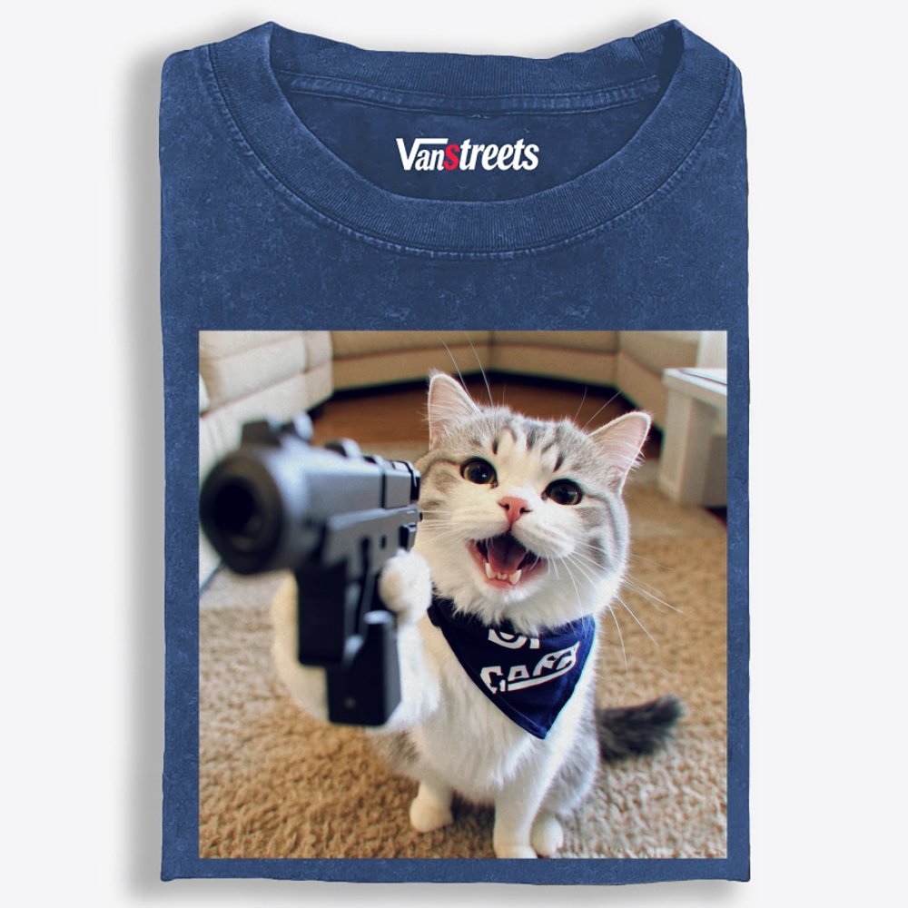 Gang Gun Cat Retro Washed T-Shirt | 100% Cotton | Streetwear Essential