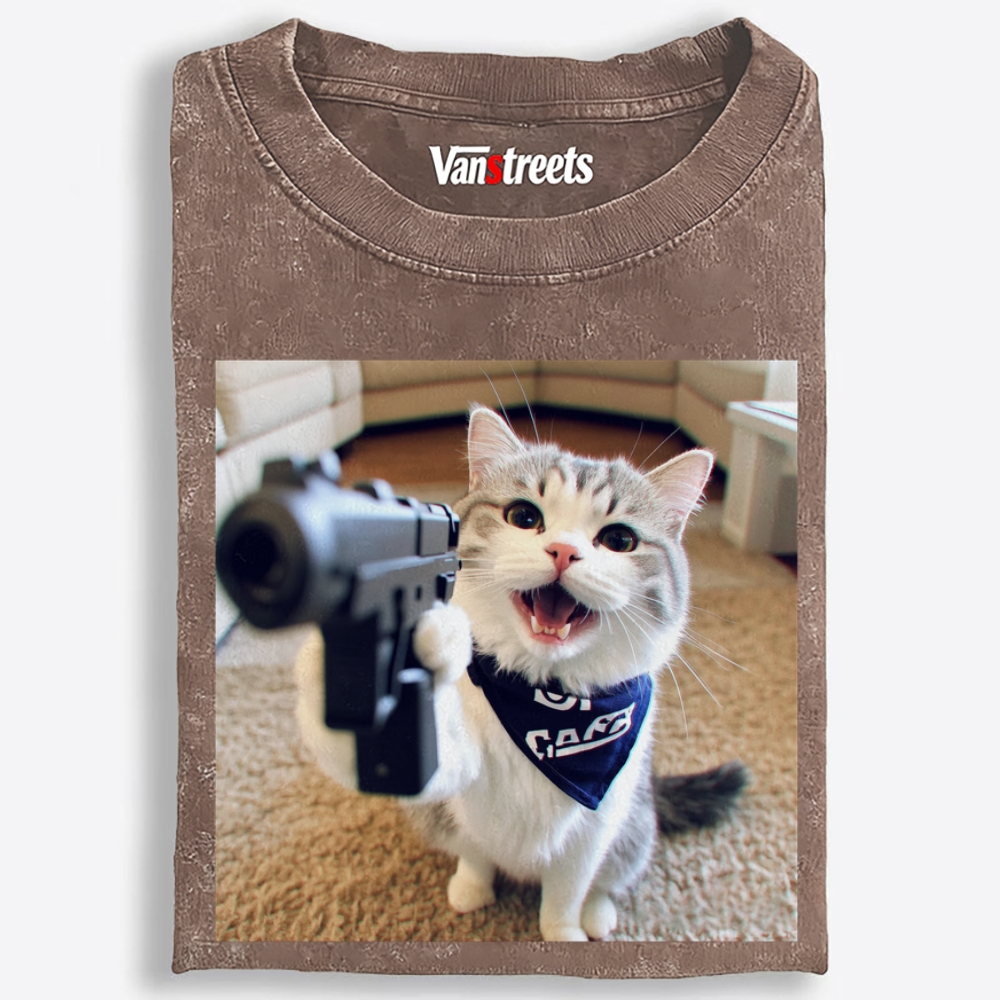 Gang Gun Cat Retro Washed T-Shirt | 100% Cotton | Streetwear Essential