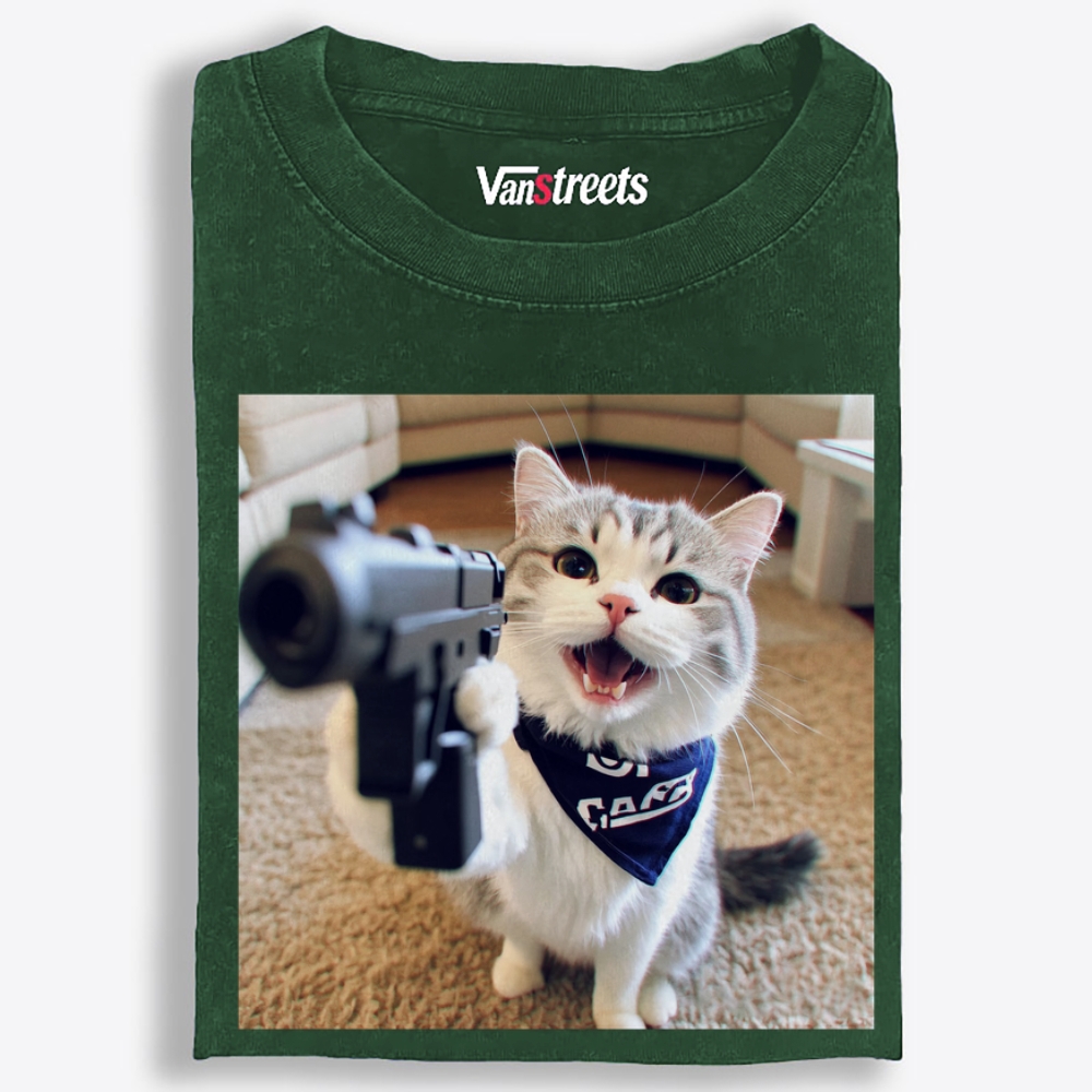 Gang Gun Cat Retro Washed T-Shirt | 100% Cotton | Streetwear Essential