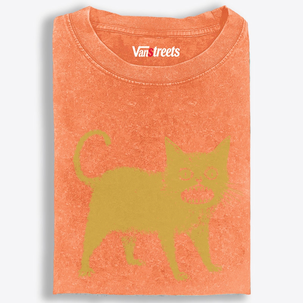 Creepy Yellow Cat Retro Washed T-Shirt | 100% Cotton | Streetwear Essential