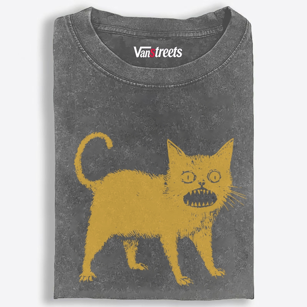 Creepy Yellow Cat Retro Washed T-Shirt | 100% Cotton | Streetwear Essential