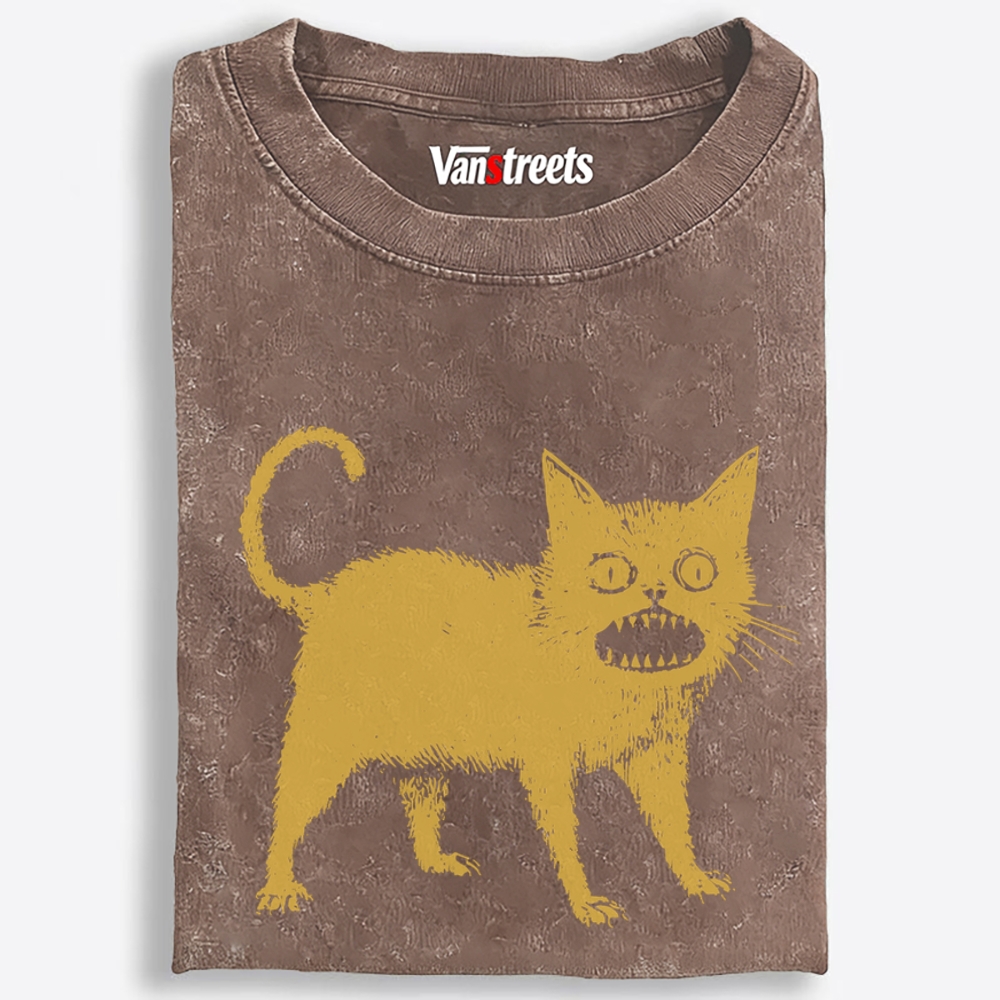 Creepy Yellow Cat Retro Washed T-Shirt | 100% Cotton | Streetwear Essential