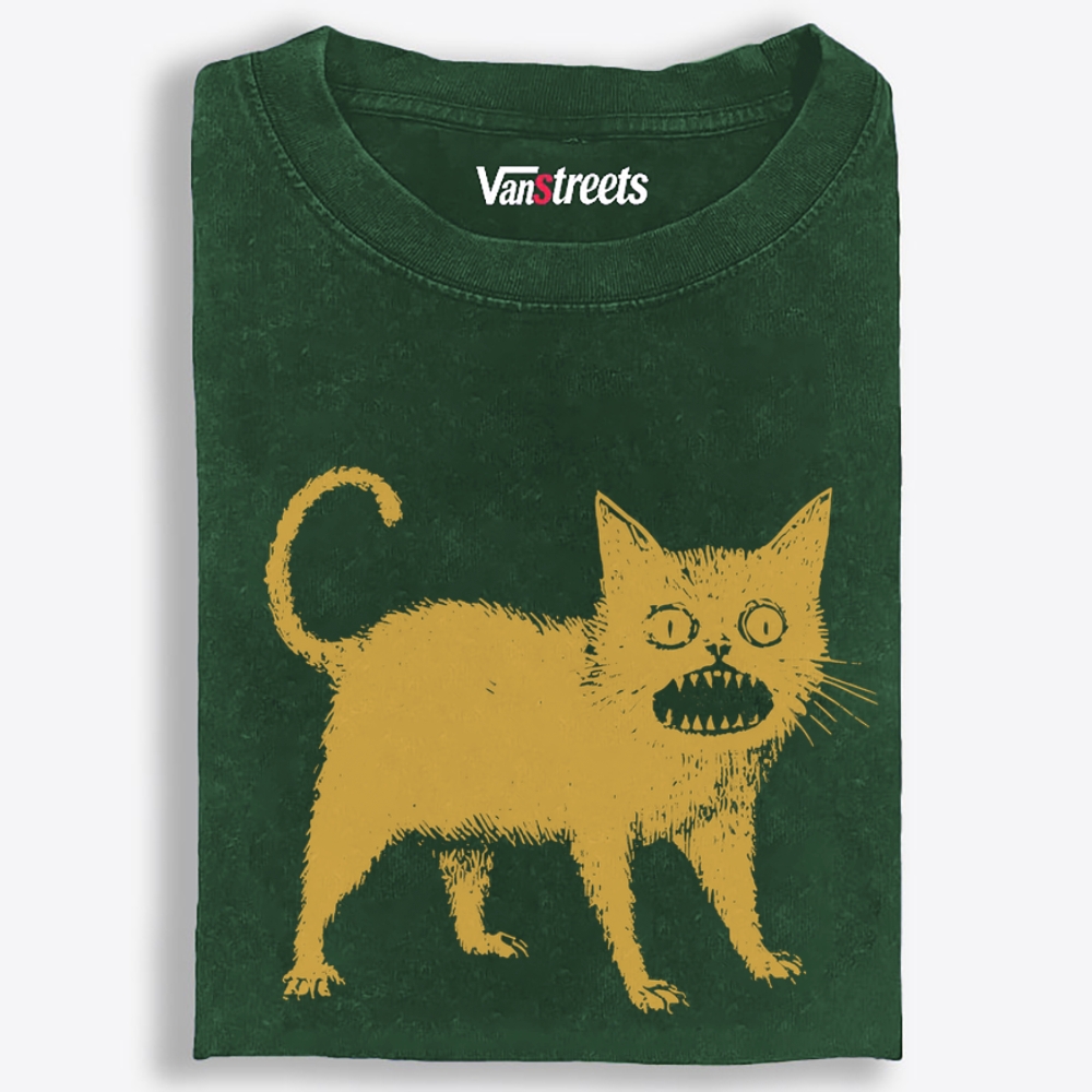 Creepy Yellow Cat Retro Washed T-Shirt | 100% Cotton | Streetwear Essential