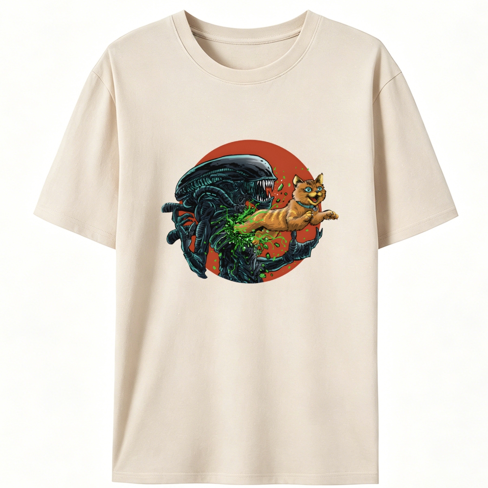 Alien vs Orange Cat Xenomorph Retro Designed for Women - Slim Fit Cotton Tee