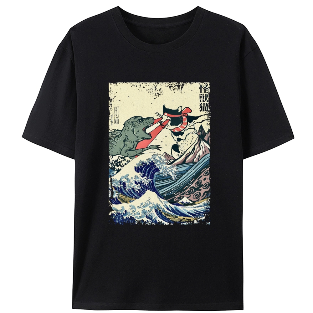 Kaiju Cat vs Godzilla The Great Wave Off Kanagawa Retro Designed for Women - Slim Fit Cotton Tee