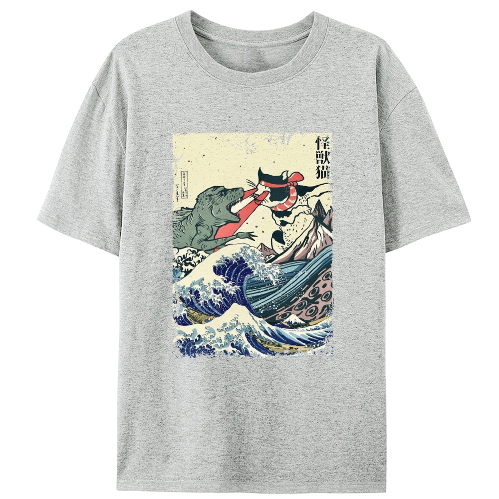 Kaiju Cat vs Godzilla The Great Wave Off Kanagawa Retro Designed for Women - Slim Fit Cotton Tee