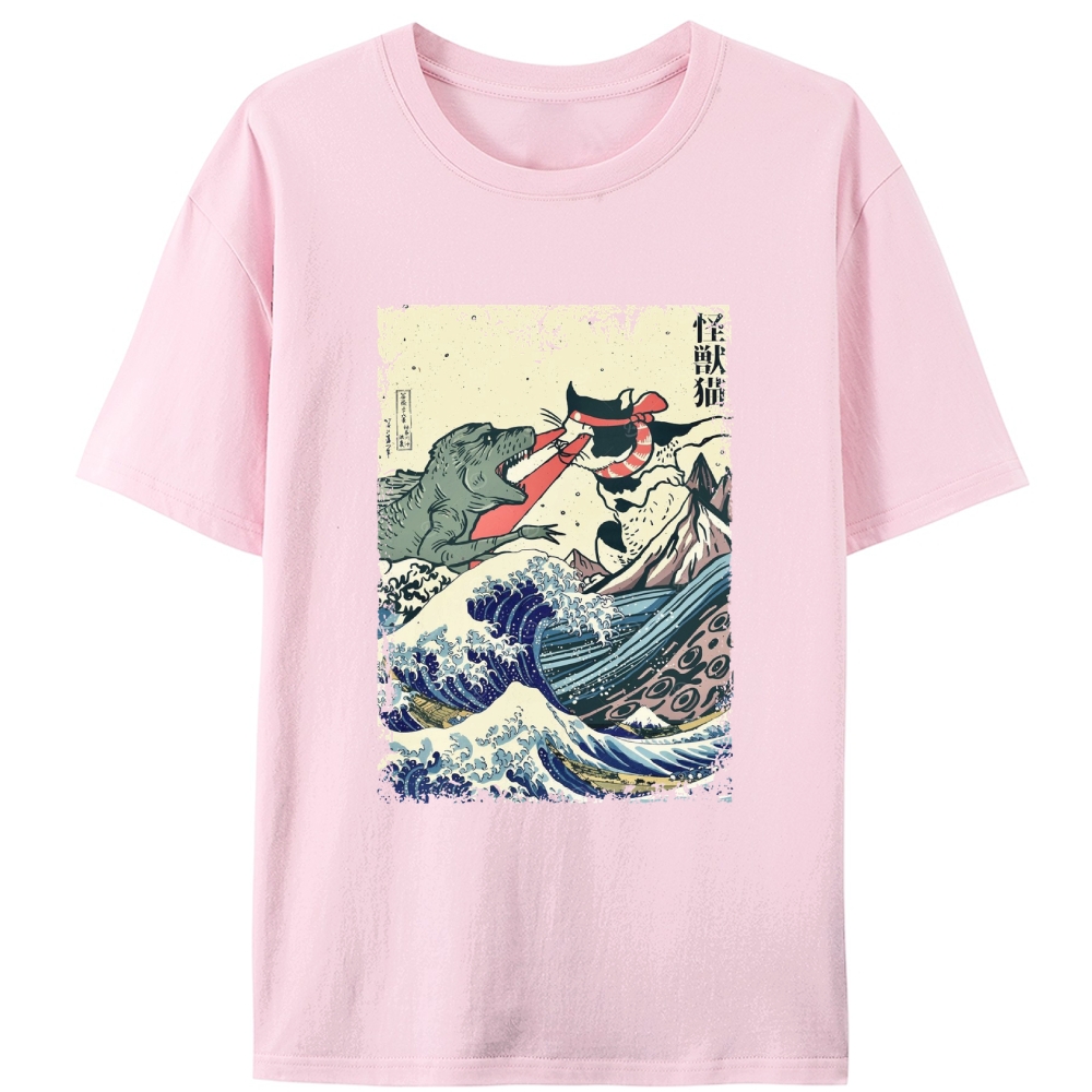 Kaiju Cat vs Godzilla The Great Wave Off Kanagawa Retro Designed for Women - Slim Fit Cotton Tee