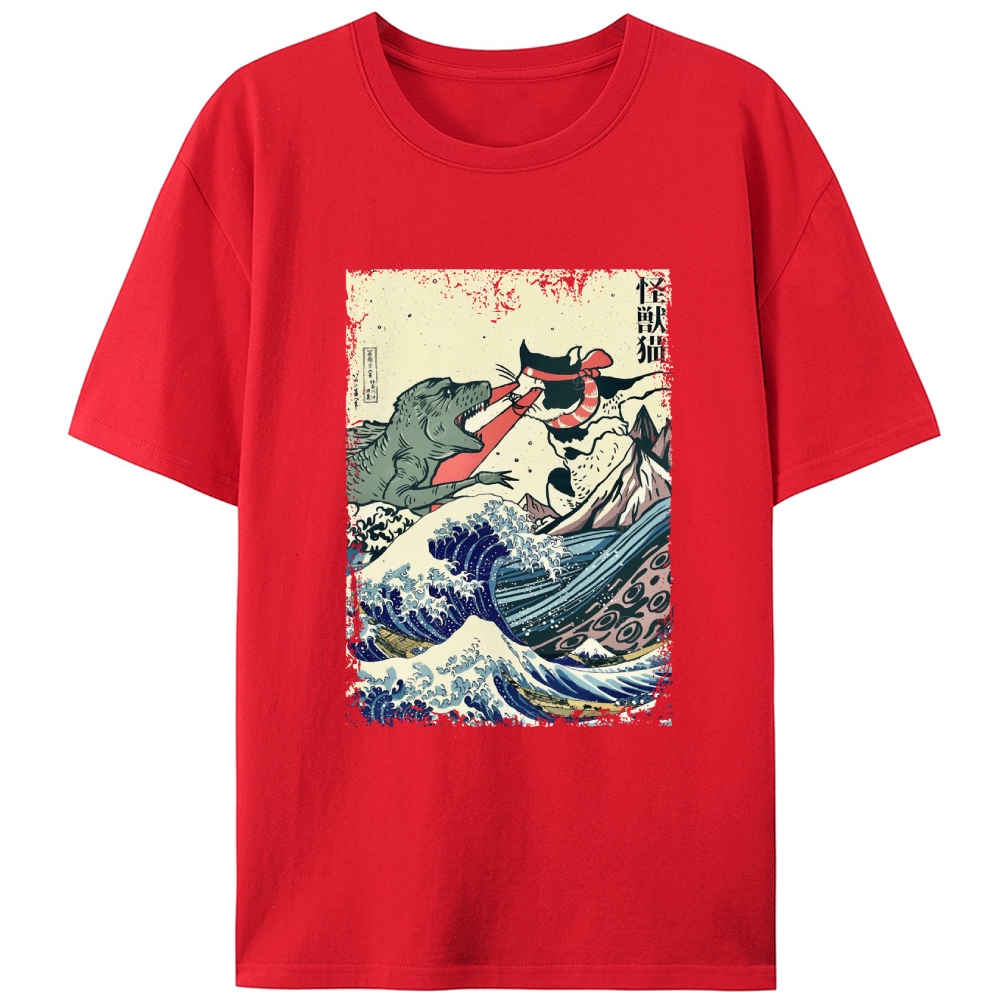 Kaiju Cat vs Godzilla The Great Wave Off Kanagawa Retro Designed for Women - Slim Fit Cotton Tee