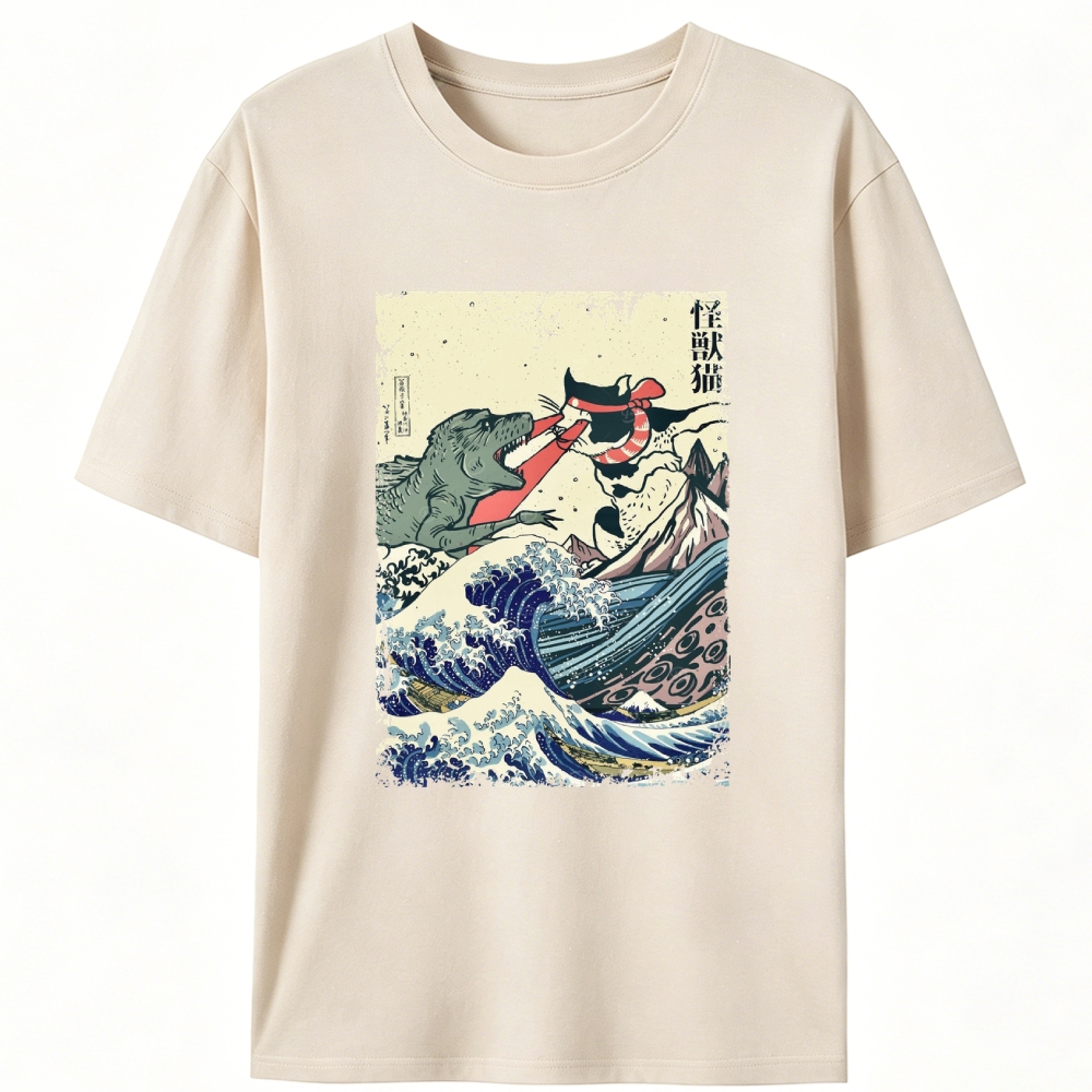 Kaiju Cat vs Godzilla The Great Wave Off Kanagawa Retro Designed for Women - Slim Fit Cotton Tee