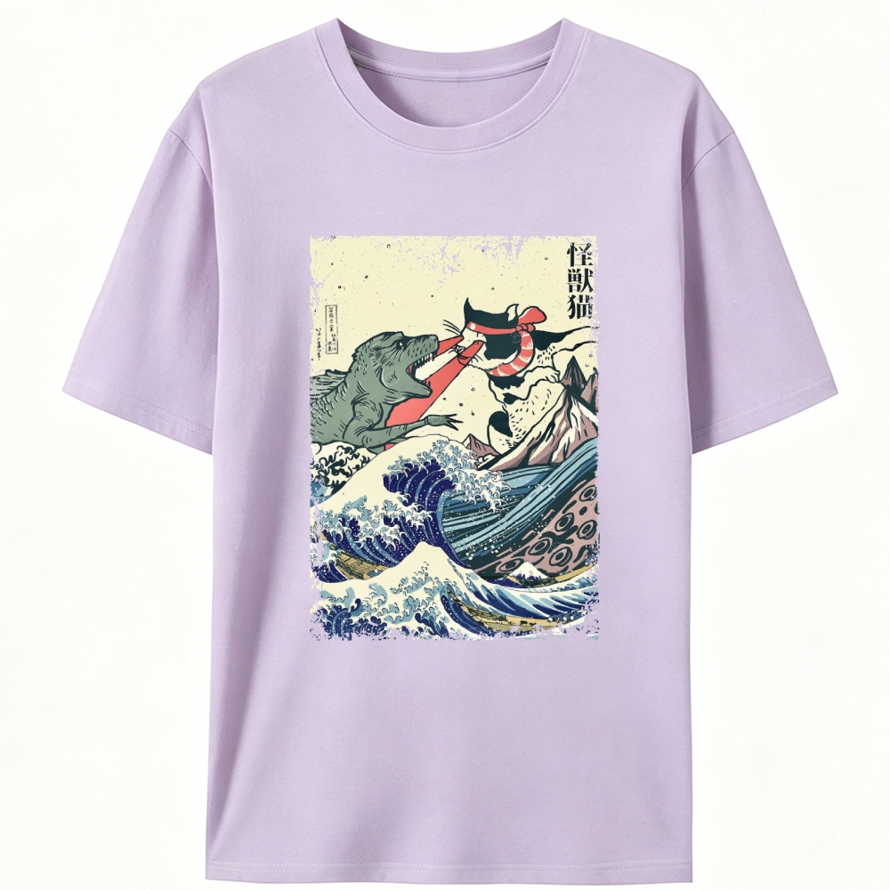 Kaiju Cat vs Godzilla The Great Wave Off Kanagawa Retro Designed for Women - Slim Fit Cotton Tee