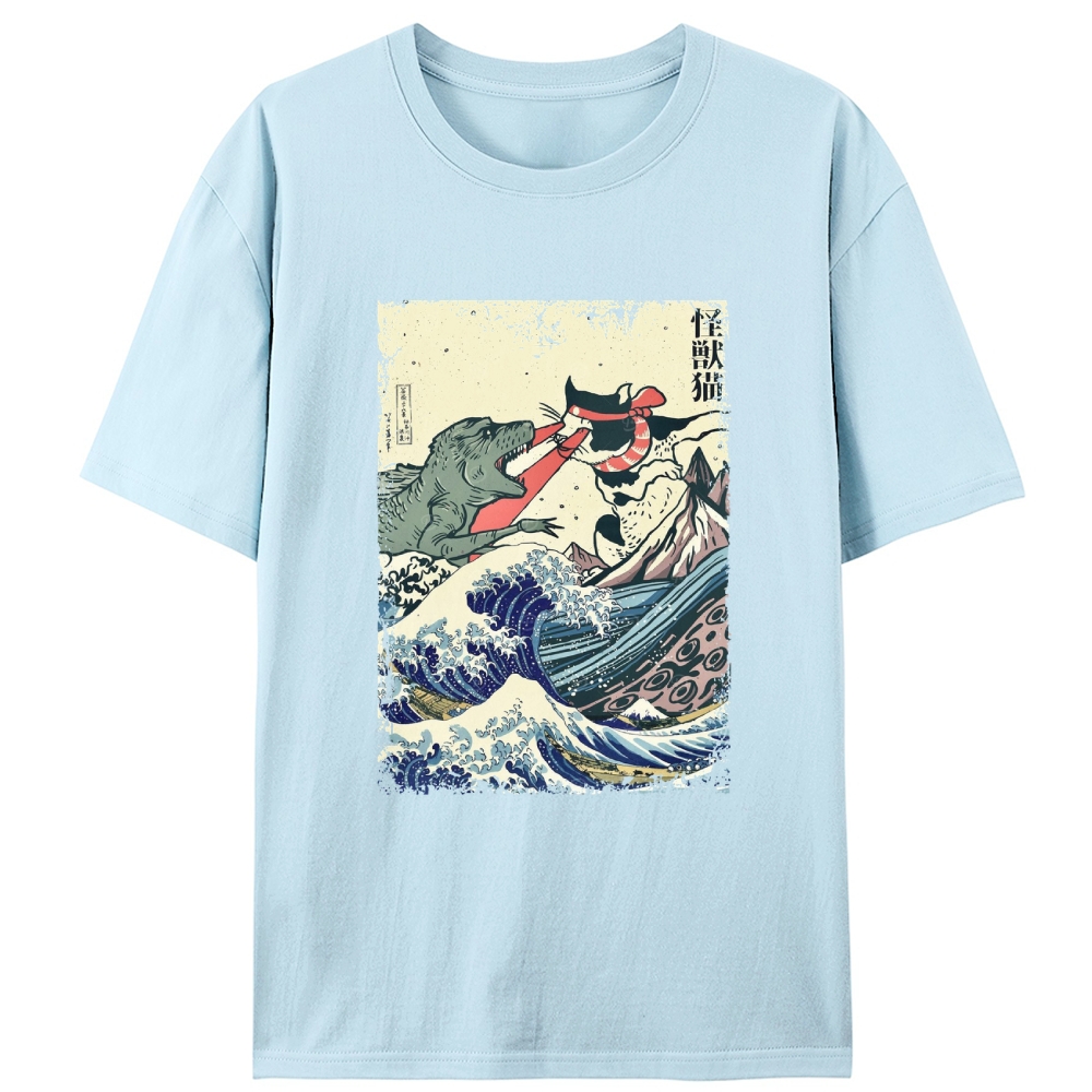 Kaiju Cat vs Godzilla The Great Wave Off Kanagawa Retro Designed for Women - Slim Fit Cotton Tee