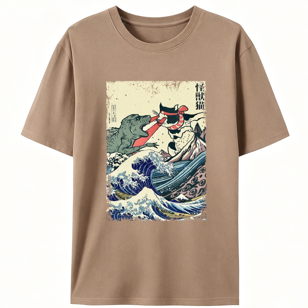 Kaiju Cat vs Godzilla The Great Wave Off Kanagawa Retro Designed for Women - Slim Fit Cotton Tee