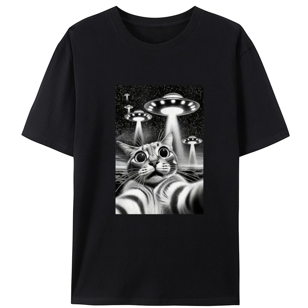 Cat Selfie with UFOs Sci-Fi Retro Designed for Women - Slim Fit Cotton Tee