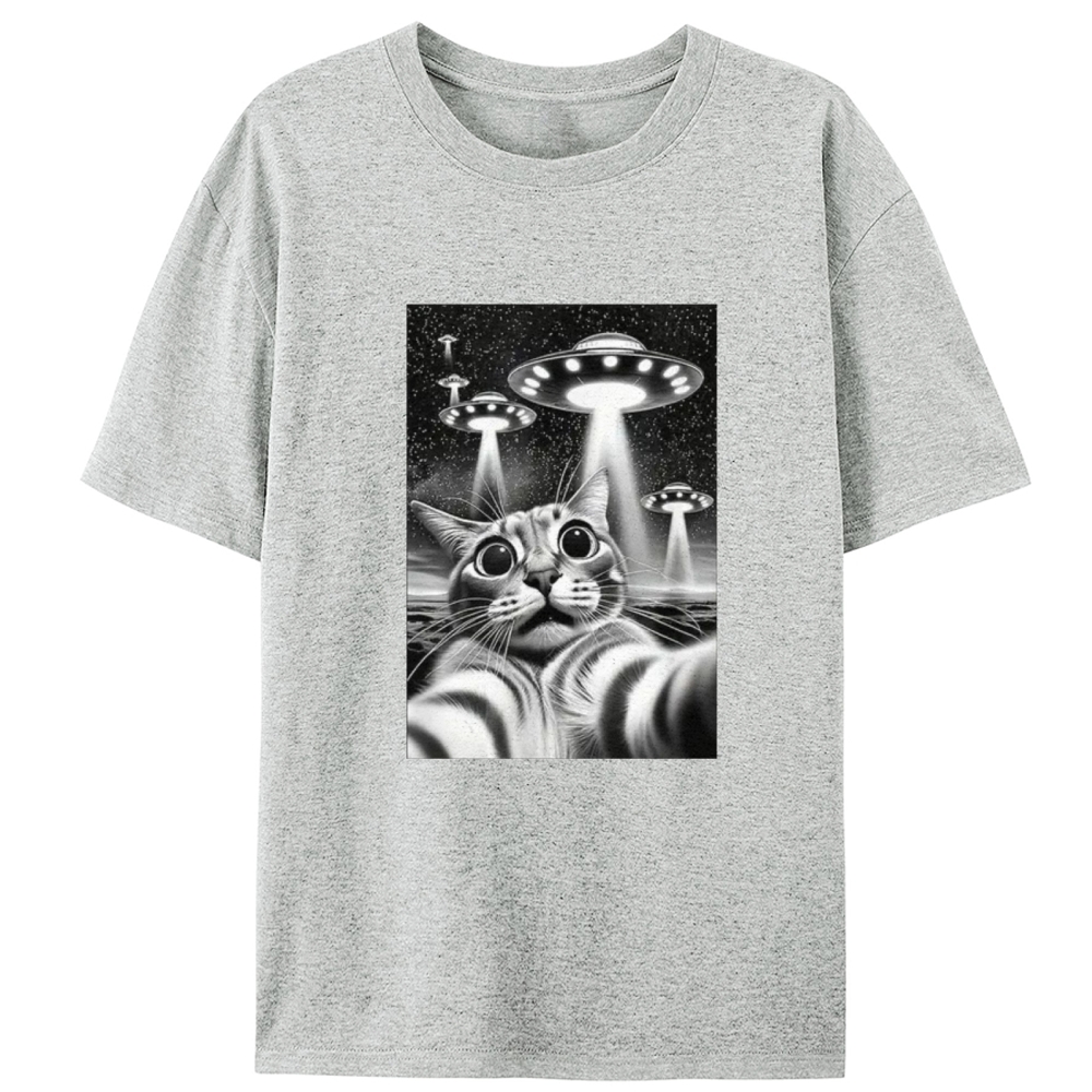 Cat Selfie with UFOs Sci-Fi Retro Designed for Women - Slim Fit Cotton Tee