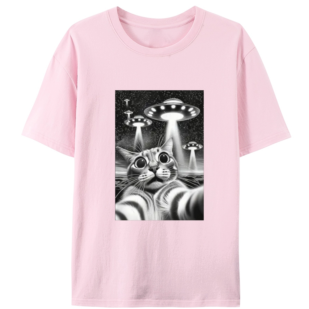 Cat Selfie with UFOs Sci-Fi Retro Designed for Women - Slim Fit Cotton Tee