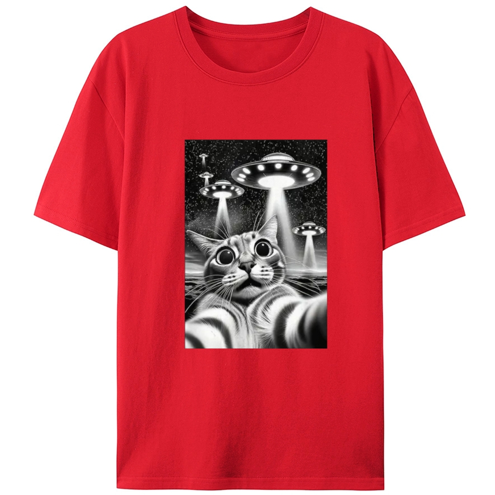 Cat Selfie with UFOs Sci-Fi Retro Designed for Women - Slim Fit Cotton Tee