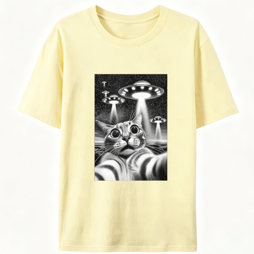 Cat Selfie with UFOs Sci-Fi Retro Designed for Women - Slim Fit Cotton Tee