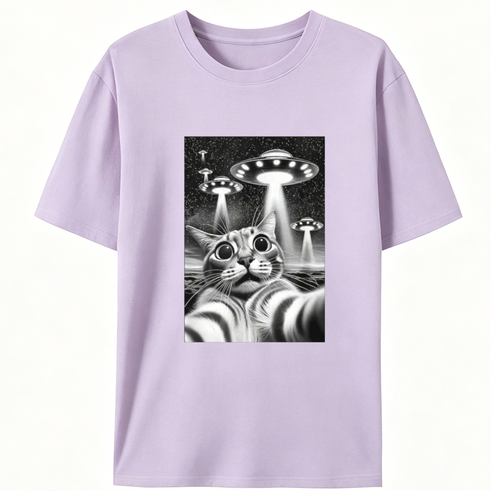 Cat Selfie with UFOs Sci-Fi Retro Designed for Women - Slim Fit Cotton Tee