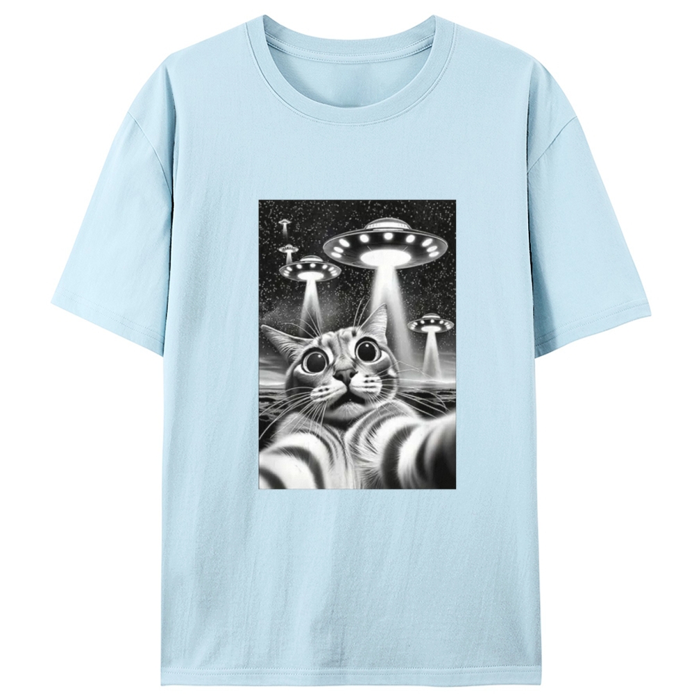 Cat Selfie with UFOs Sci-Fi Retro Designed for Women - Slim Fit Cotton Tee