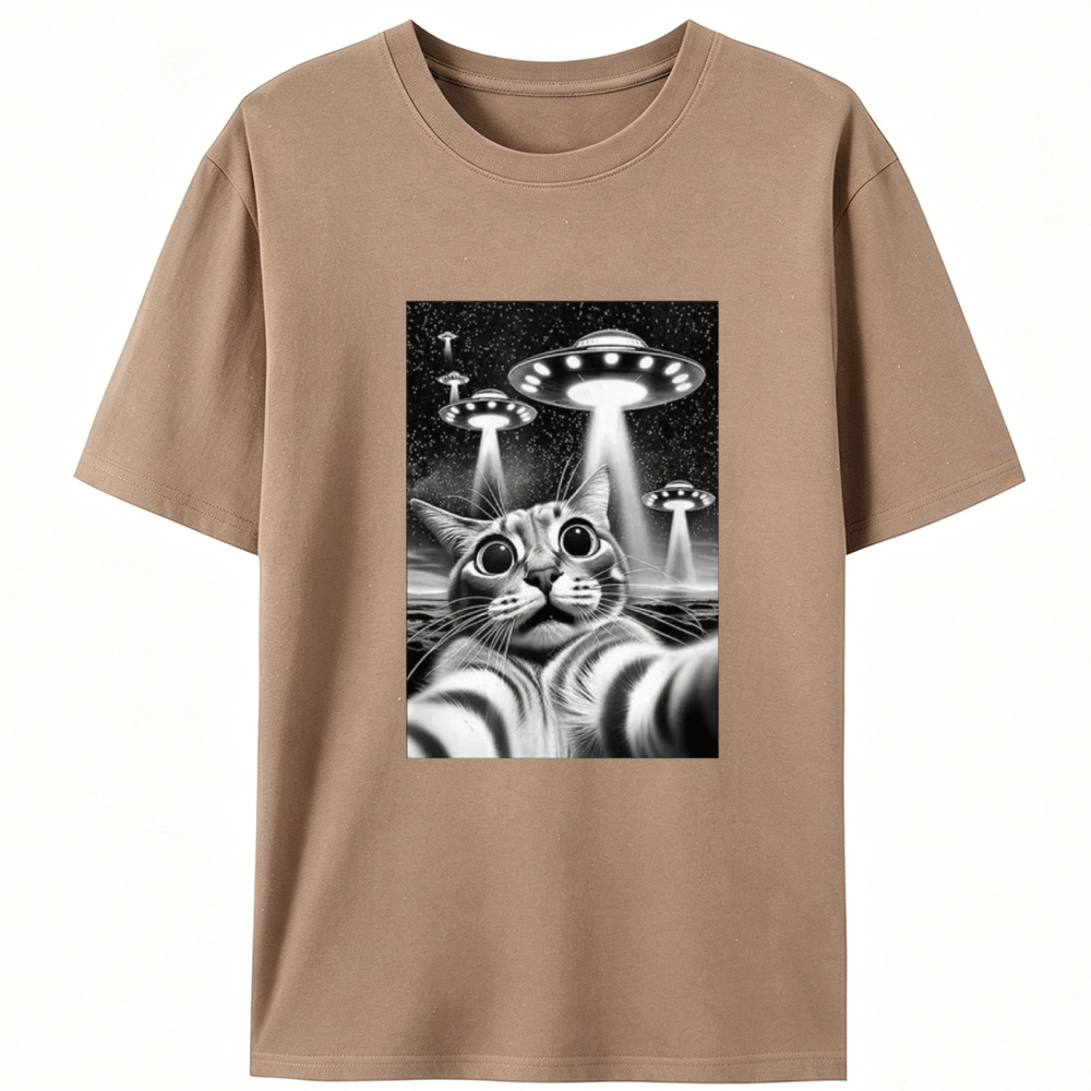 Cat Selfie with UFOs Sci-Fi Retro Designed for Women - Slim Fit Cotton Tee
