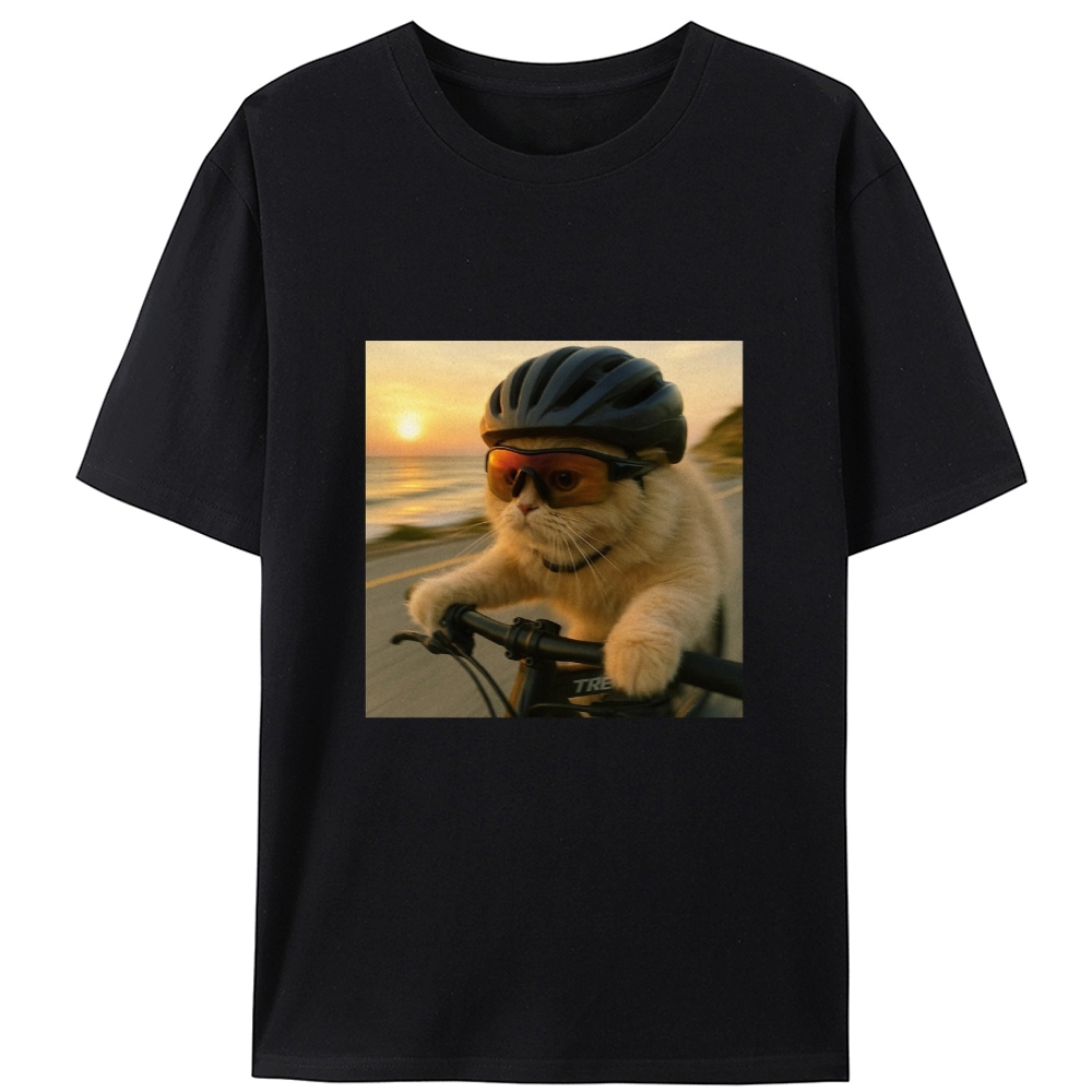 Cycling Cat at Sunset Retro Designed for Women - Slim Fit Cotton Tee