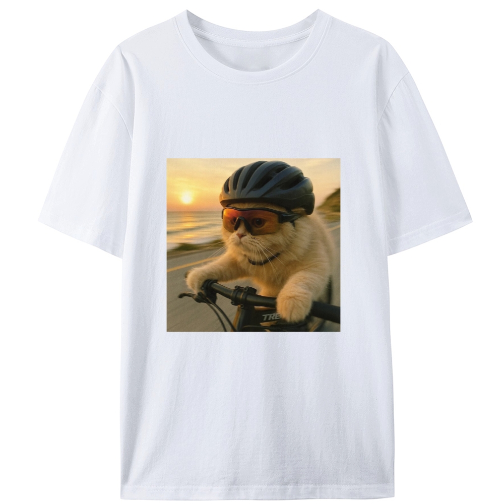 Cycling Cat at Sunset Retro Designed for Women - Slim Fit Cotton Tee