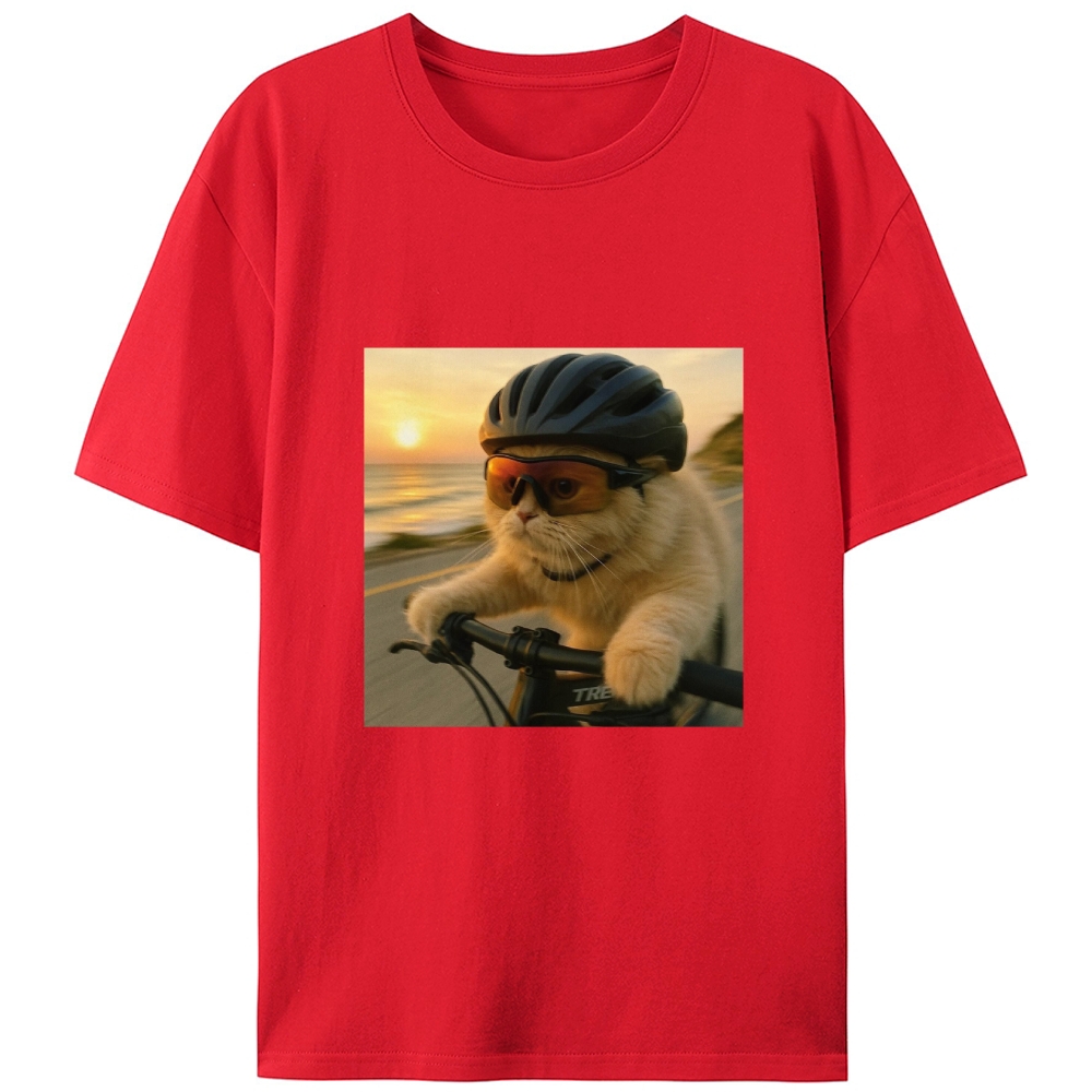 Cycling Cat at Sunset Retro Designed for Women - Slim Fit Cotton Tee