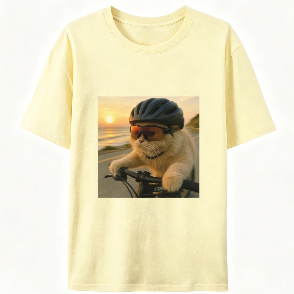 Cycling Cat at Sunset Retro Designed for Women - Slim Fit Cotton Tee