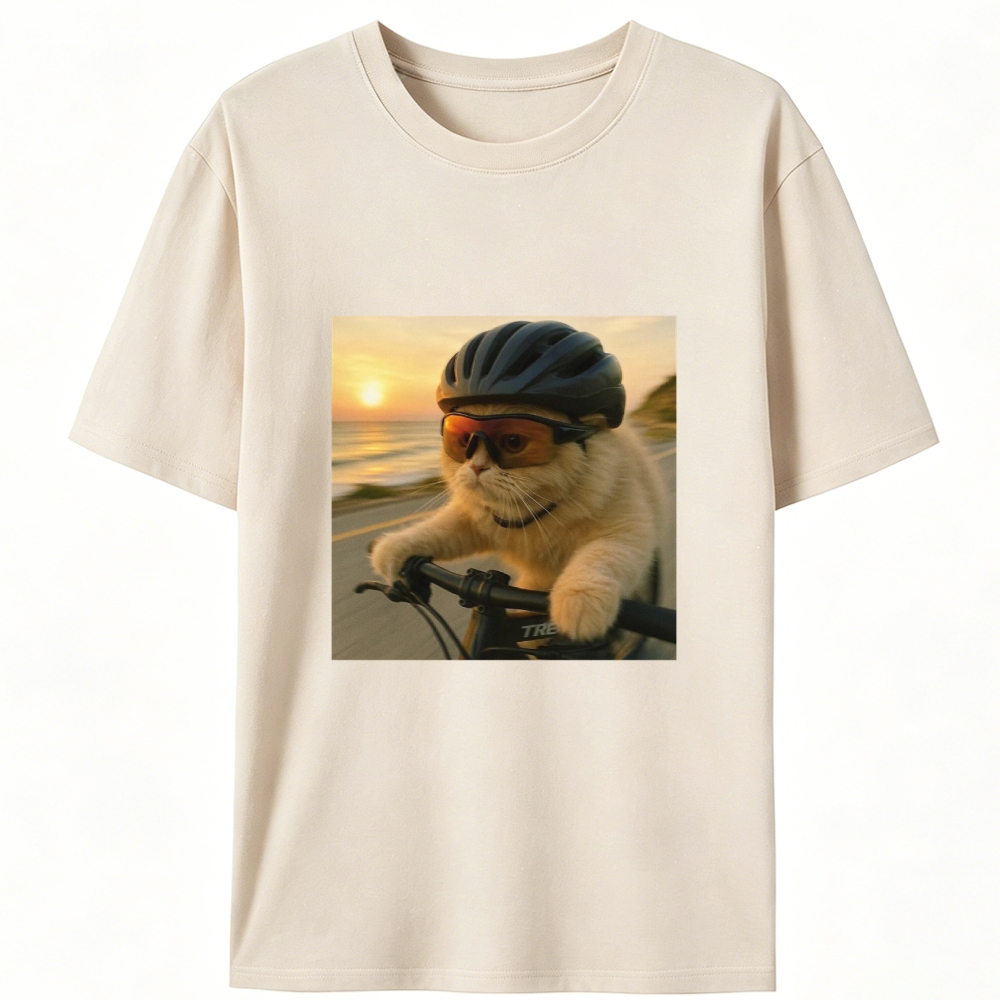 Cycling Cat at Sunset Retro Designed for Women - Slim Fit Cotton Tee