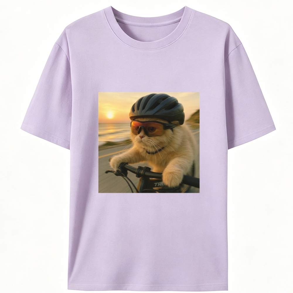 Cycling Cat at Sunset Retro Designed for Women - Slim Fit Cotton Tee