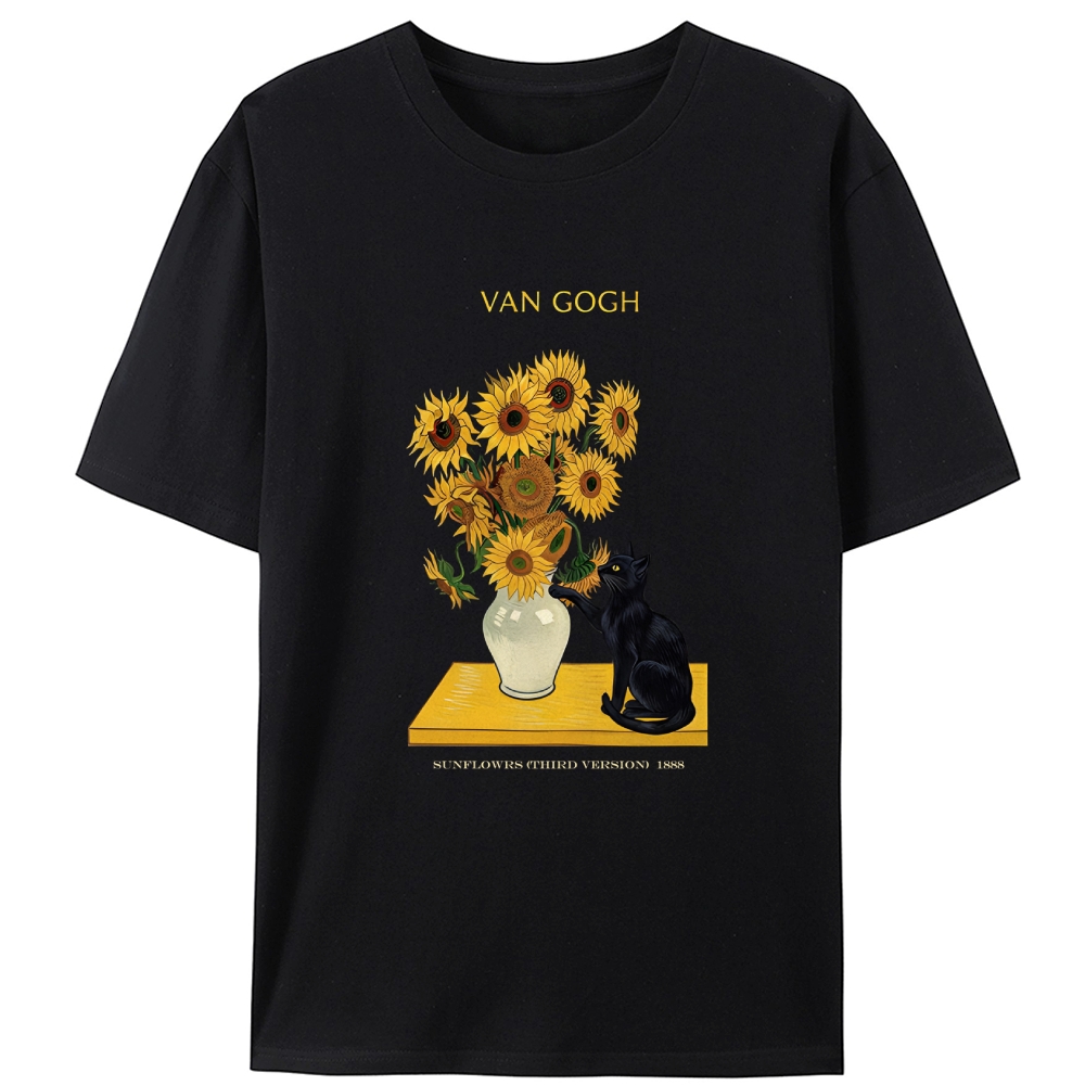 Curious Cat Touching Sunflowers Designed for Women - Slim Fit Cotton Tee