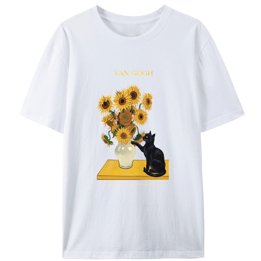 Curious Cat Touching Sunflowers Designed for Women - Slim Fit Cotton Tee
