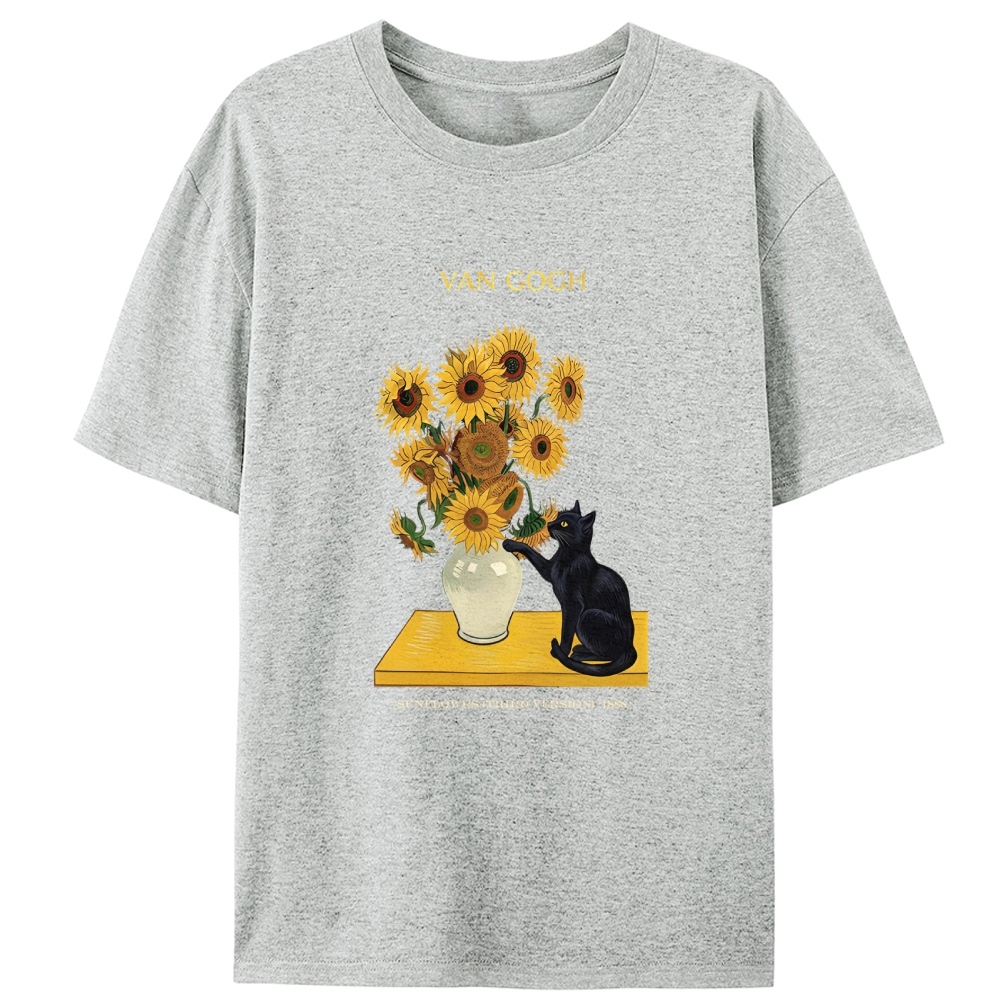 Curious Cat Touching Sunflowers Designed for Women - Slim Fit Cotton Tee