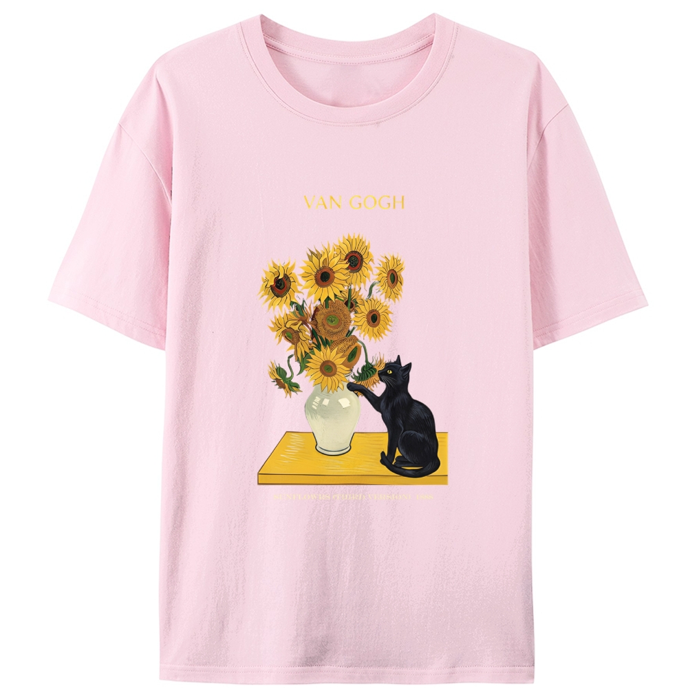 Curious Cat Touching Sunflowers Designed for Women - Slim Fit Cotton Tee